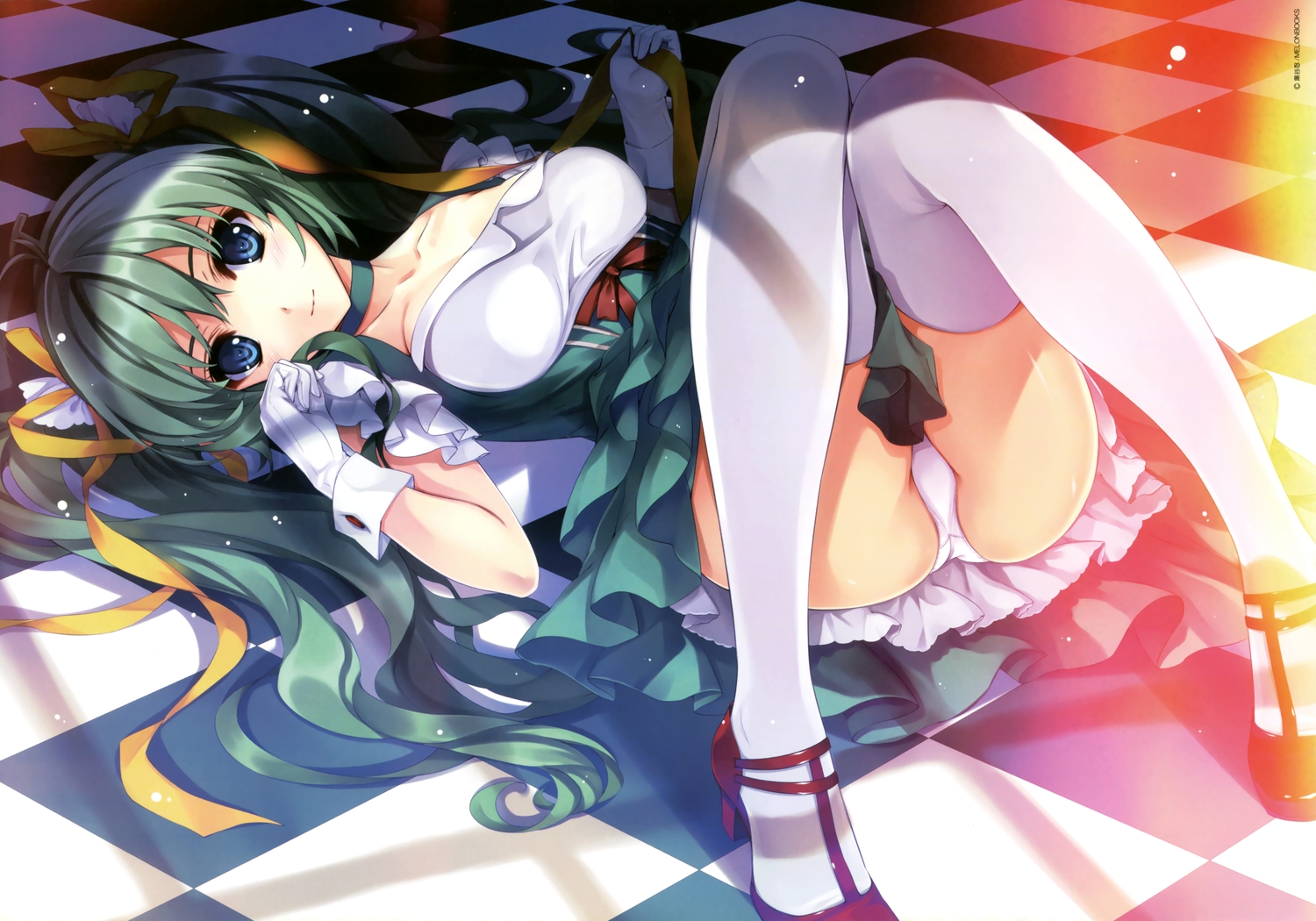 blue_eyes, blush, breast_hold, dress, gloves, green_hair, kuroya_shinobu, long_hair, melonbooks, melon-chan, panties, ribbons, scan, thighhighs, twintails, underwear