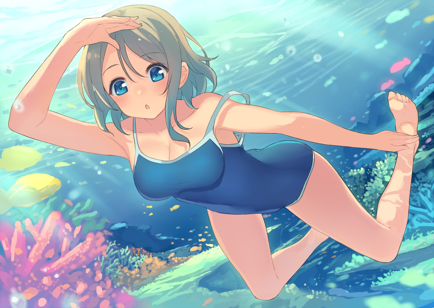 animal, barefoot, blue_eyes, breasts, cleavage, fish, kame^^, love_live!_school_idol_project