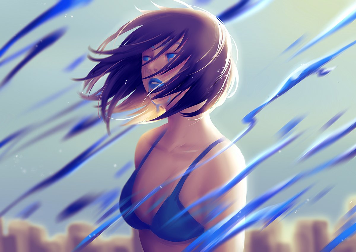 blue_eyes, blue_hair, breasts, ling_(vivianling), original, short_hair, tears