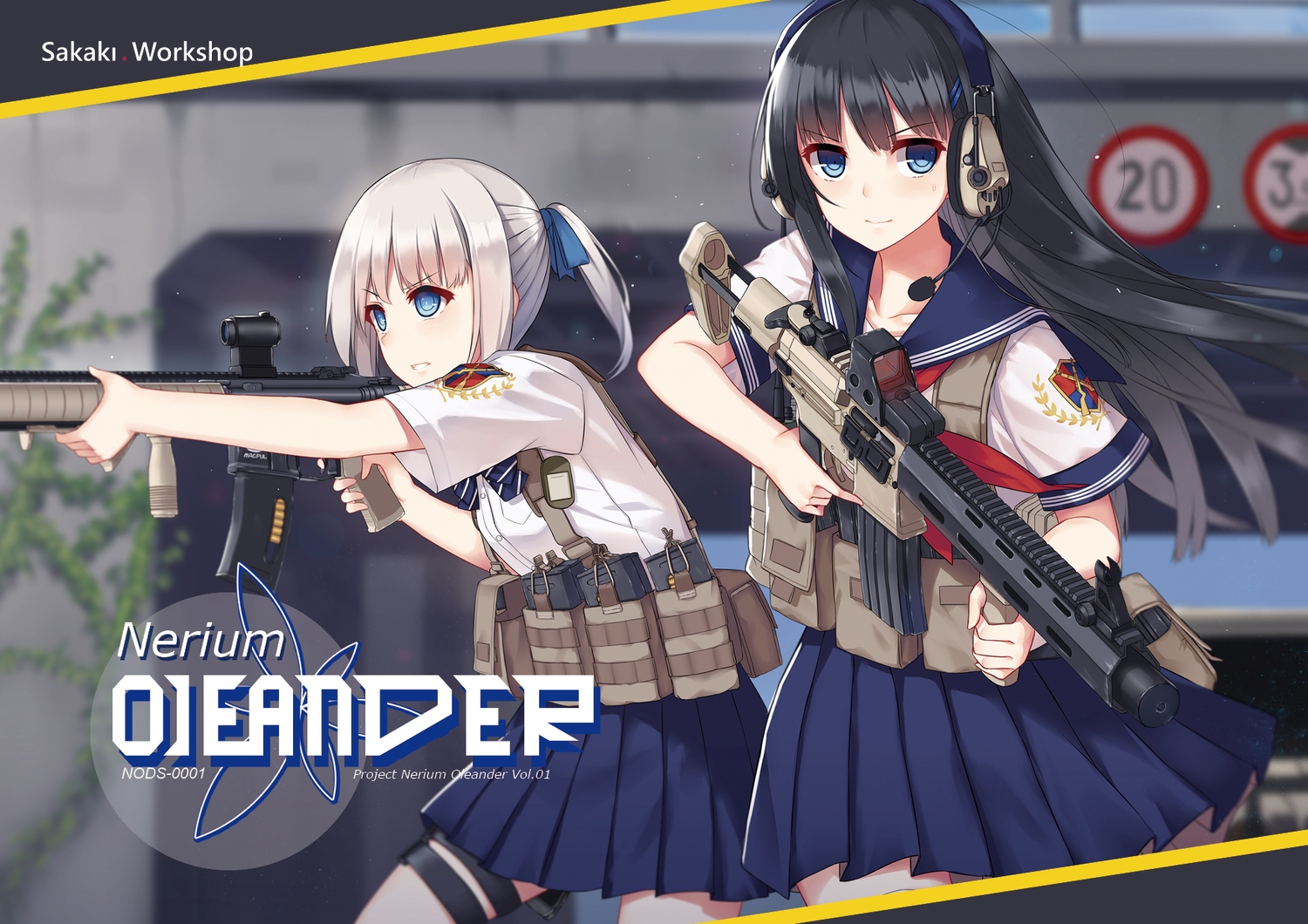 2girls, black_hair, blue_eyes, bow, gray_hair, gun, headphones, jeanex