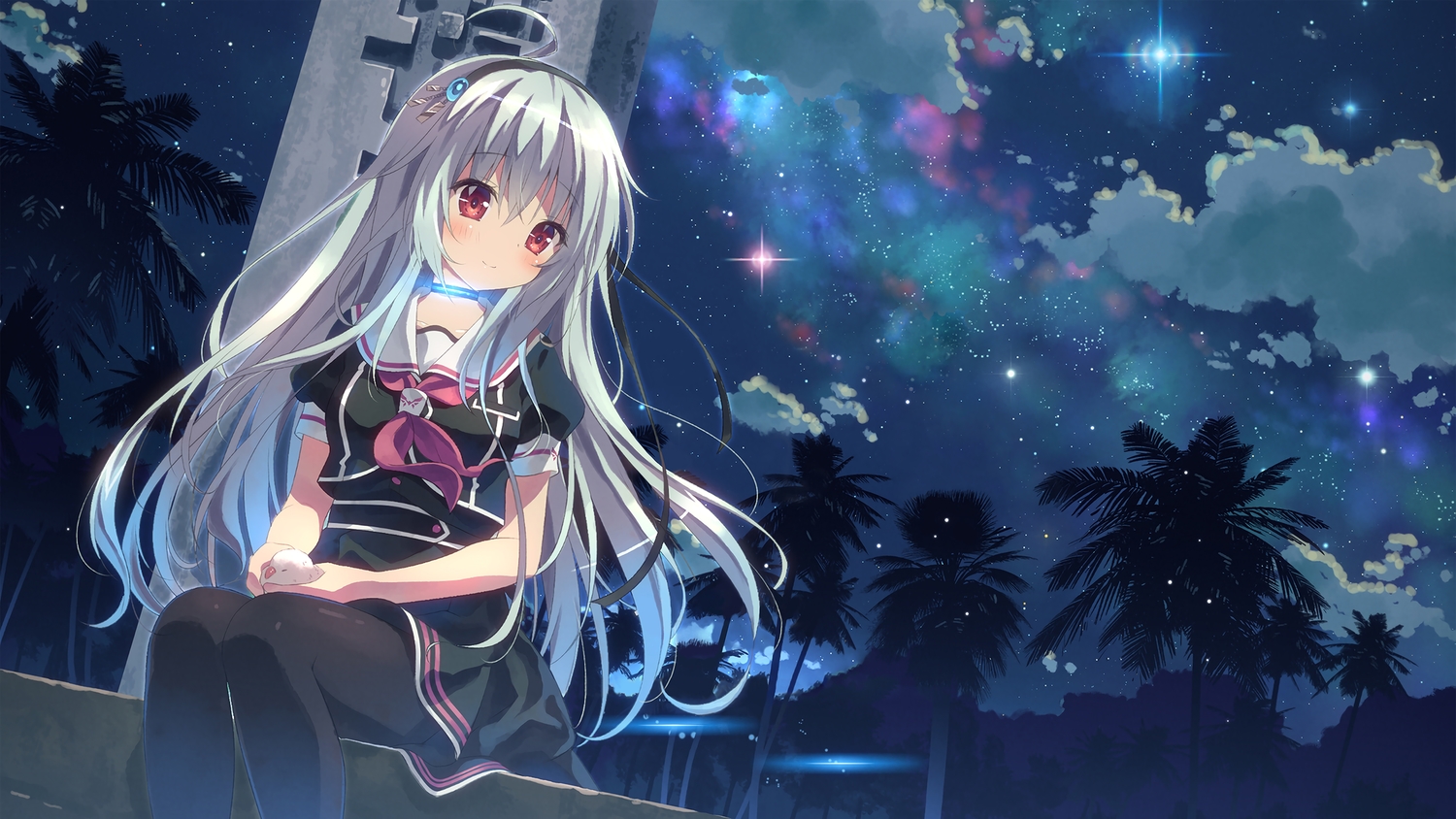 animal, choker, clouds, gray_hair, headband, kino_(kino_konomi), long_hair, minori, nanami_shirone, pantyhose, red_eyes, school_uniform, sky, stars, tree, trinoline