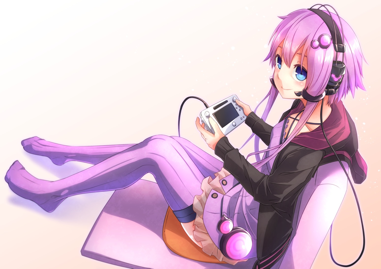 aqua_eyes, game_console, headphones, hetaren_(ramark), hood, long_hair, purple_hair, thighhighs