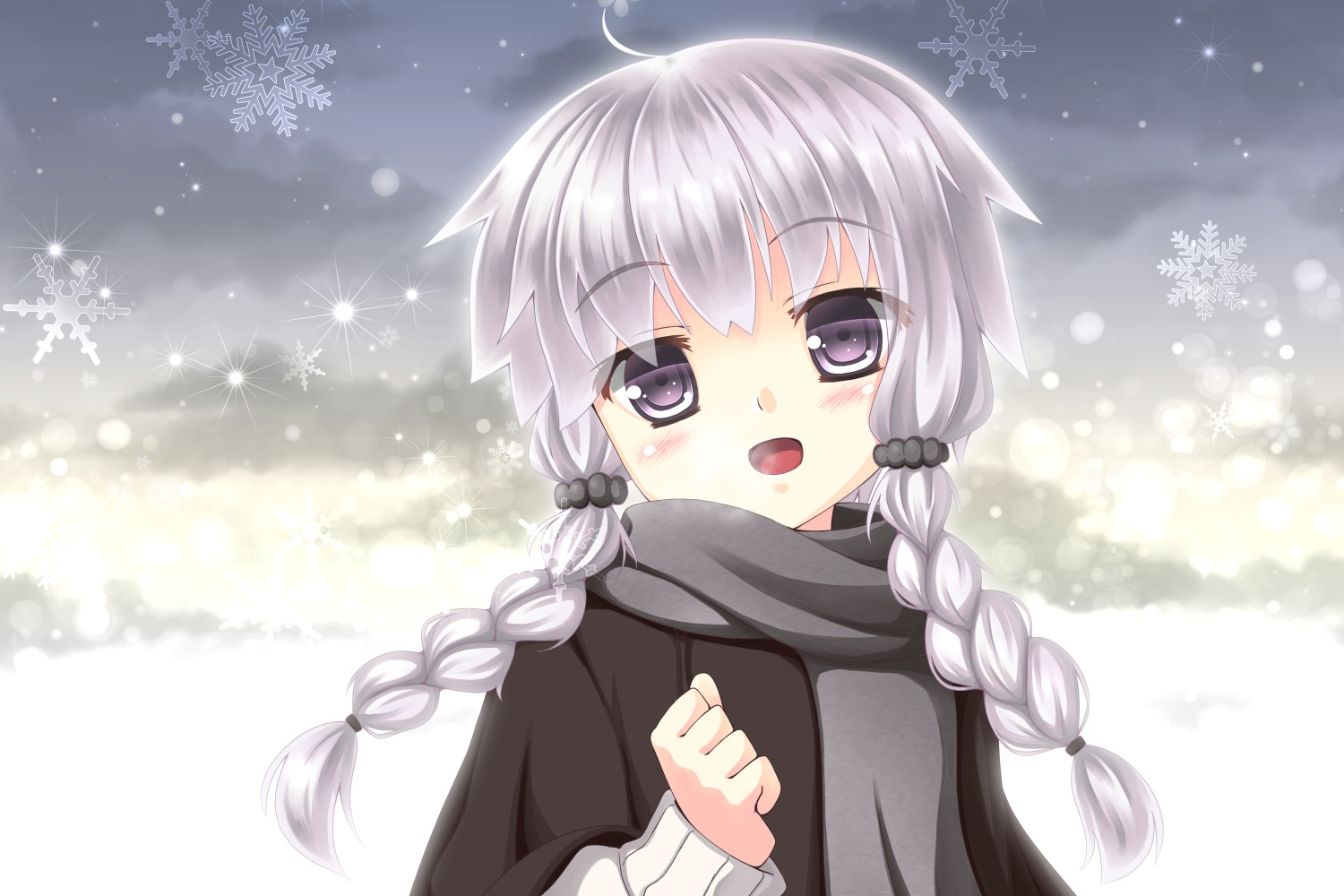 blush, braids, gray_hair, long_hair, purple_eyes, scarf, snow, sumii