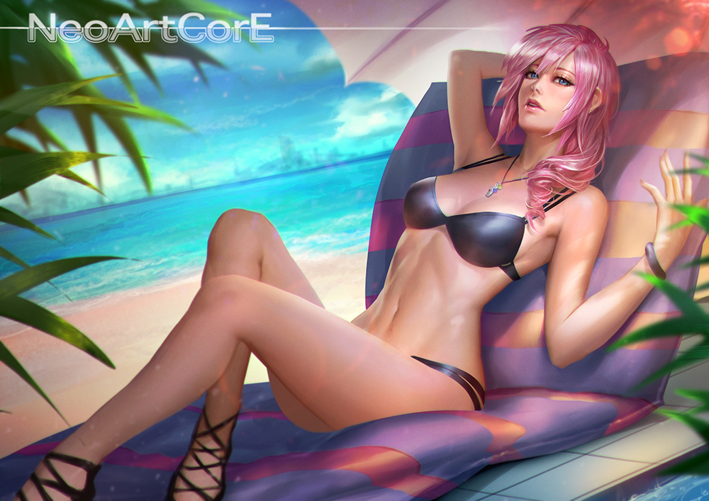 beach, bikini, blue_eyes, breasts, final_fantasy, final_fantasy_xiii, lightning_farron, long_hair