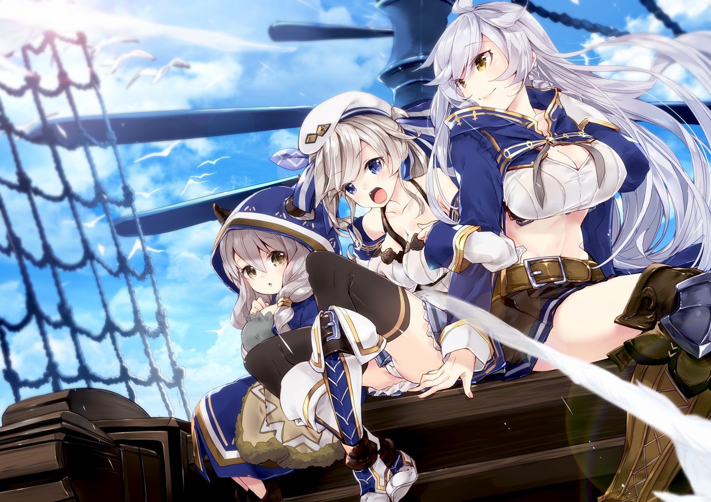 218, animal, armor, bird, blush, boots, breasts, cleavage, cucouroux, granblue_fantasy, gray_eyes, gray_hair, hat, horns, kumuyu, loli, long_hair, navel, panties, silva_(granblue_fantasy), skirt, thighhighs, underwear, yellow_eyes, zettai_ryouiki