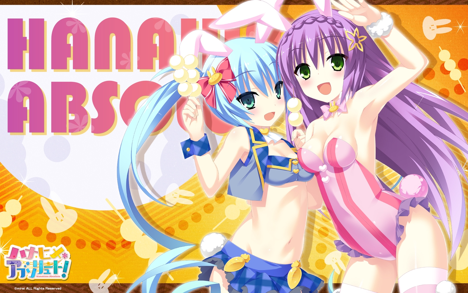 2girls, aliasing, animal_ears, blue_eyes, blue_hair, bow, breasts, bunny_ears, bunnygirl, cleavage, food, green_eyes, hanahime_absolute!, kamiya_eve, kannagi_rei, leotard, logo, long_hair, navel, polina_mirovna_von_schwarzerhase, purple_hair, skirt, thighhighs, twintails