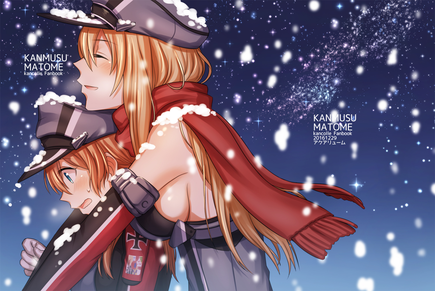 2girls, anthropomorphism, bismarck_(kancolle), blonde_hair, blue_eyes, blush, breasts, gloves, hat, kantai_collection, long_hair, mika_(1020mk), prinz_eugen_(kancolle), scarf, snow, uniform, winter