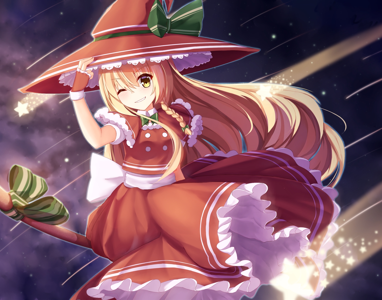 blonde_hair, bow, braids, christmas, ddt_(darktrident), dress, hat, kirisame_marisa, long_hair, stars, touhou, wink, witch, witch_hat, yellow_eyes
