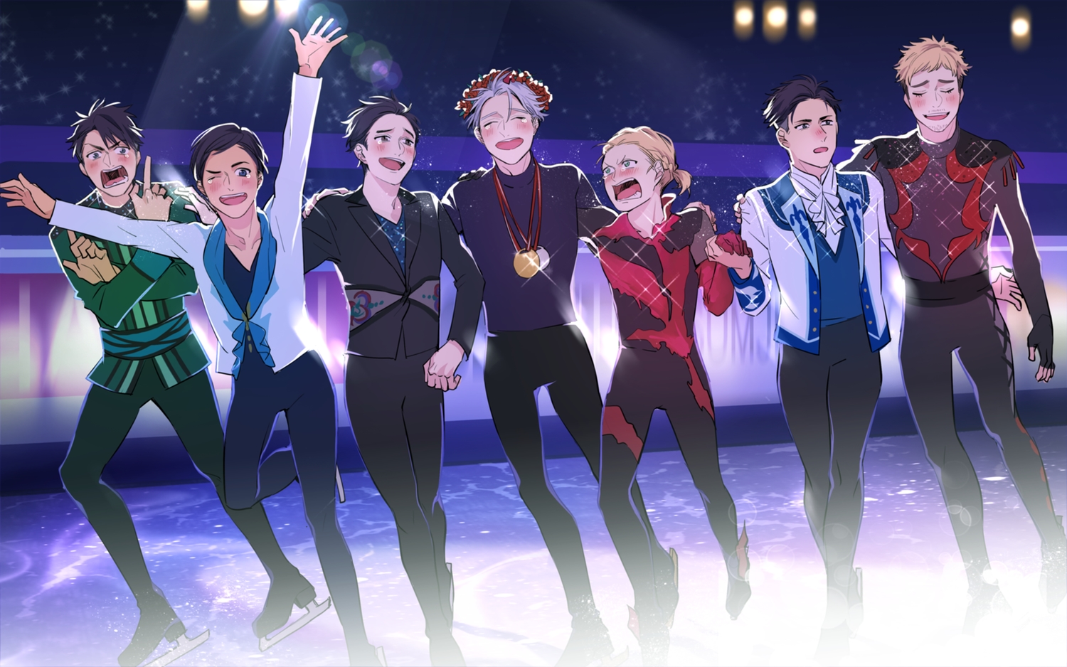all_male, altyn_otabek, black_eyes, black_hair, blonde_hair, blush, brown_eyes, crispino_michele