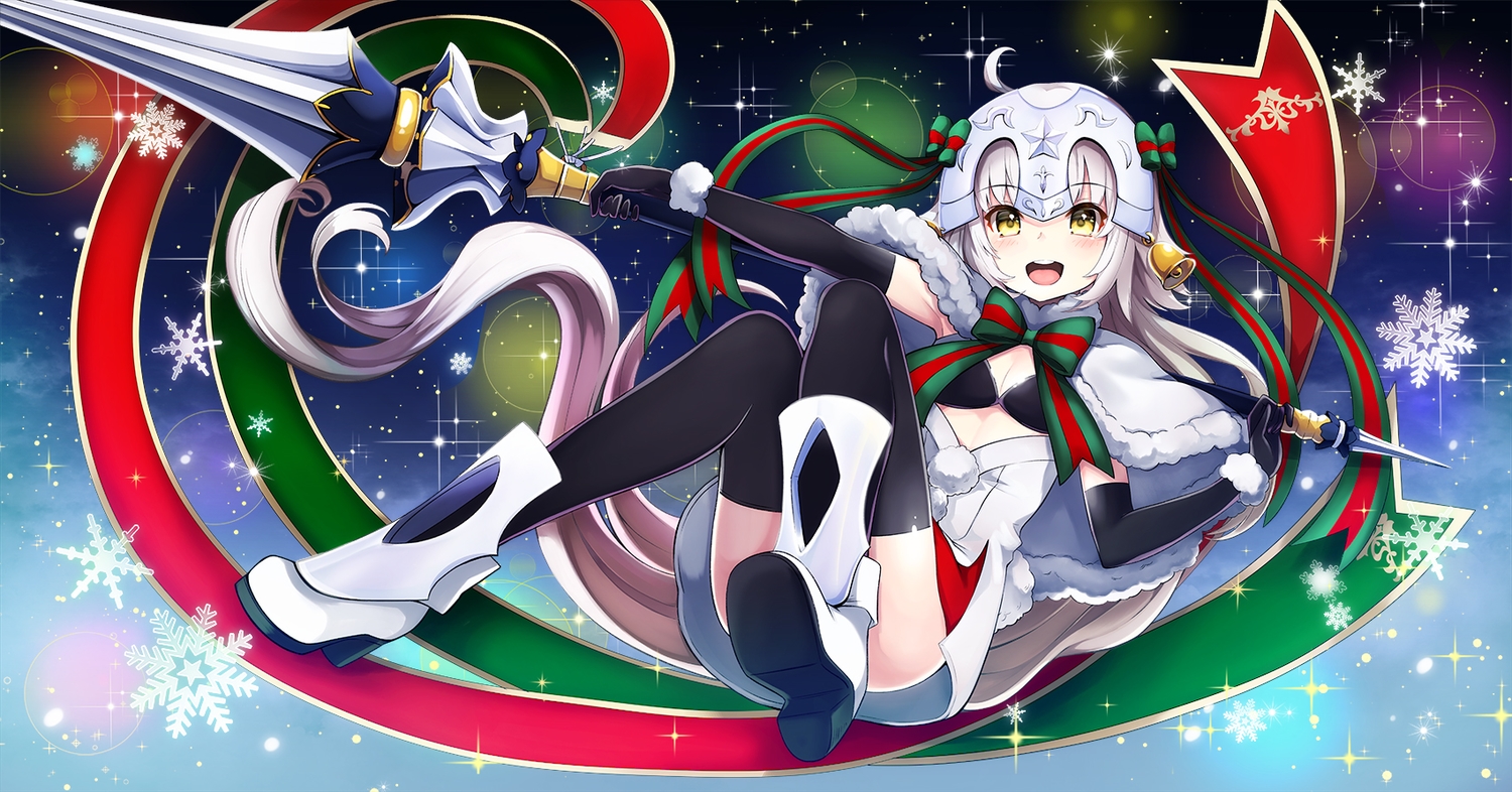 bell, blonde_hair, blush, boots, bow, christmas, elbow_gloves, fate/grand_order, fate_(series), gloves, headdress, jeanne_d'arc_alter, jeanne_d'arc_alter_santa_lily, jeanne_d'arc_(fate), loli, long_hair, pilokey, snow, thighhighs, weapon, yellow_eyes