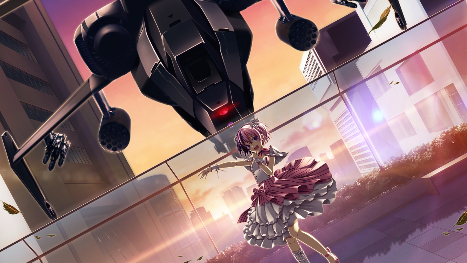 aircraft, bow, building, dress, game_cg, kneehighs, makita_maki, pink_hair