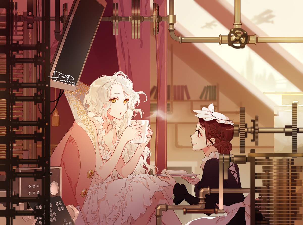 2girls, breasts, brown_eyes, brown_hair, cleavage, dress, drink, headdress, maid, original, psd, signed, white_hair, yellow_eyes