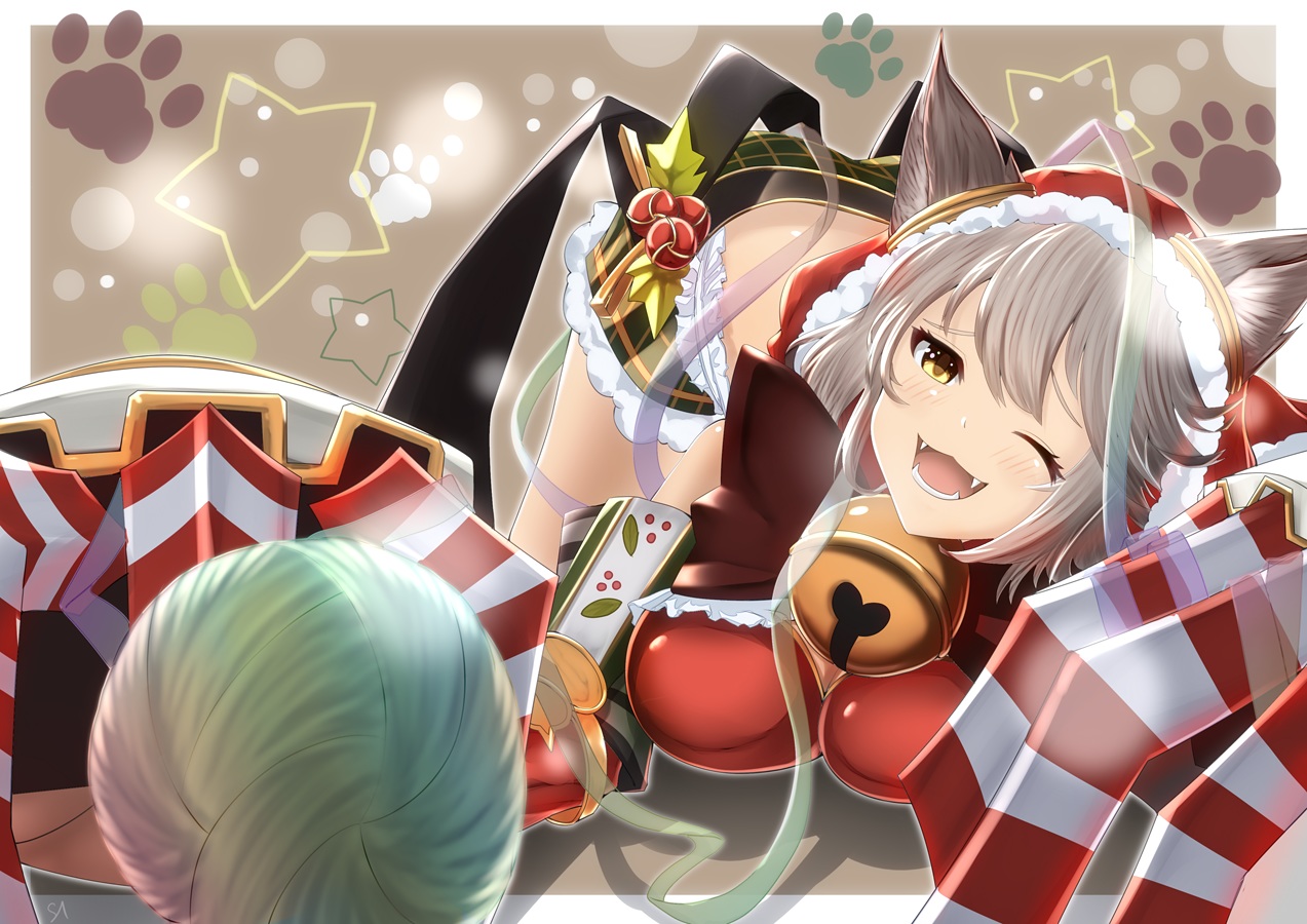 animal_ears, blush, breasts, christmas, fang, granblue_fantasy, gray_hair, marusan, ribbons, sen_(granblue_fantasy), short_hair, wink, yellow_eyes