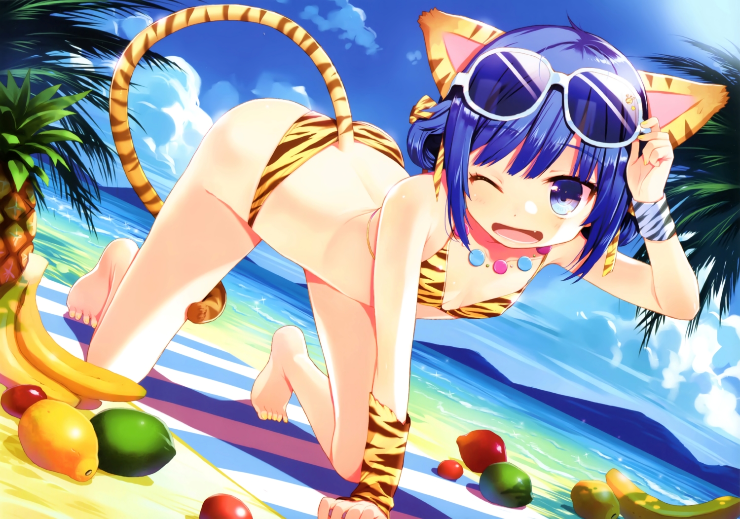 animal_ears, bikini, breasts, chiba_sadoru, cleavage, glasses, scan, swimsuit