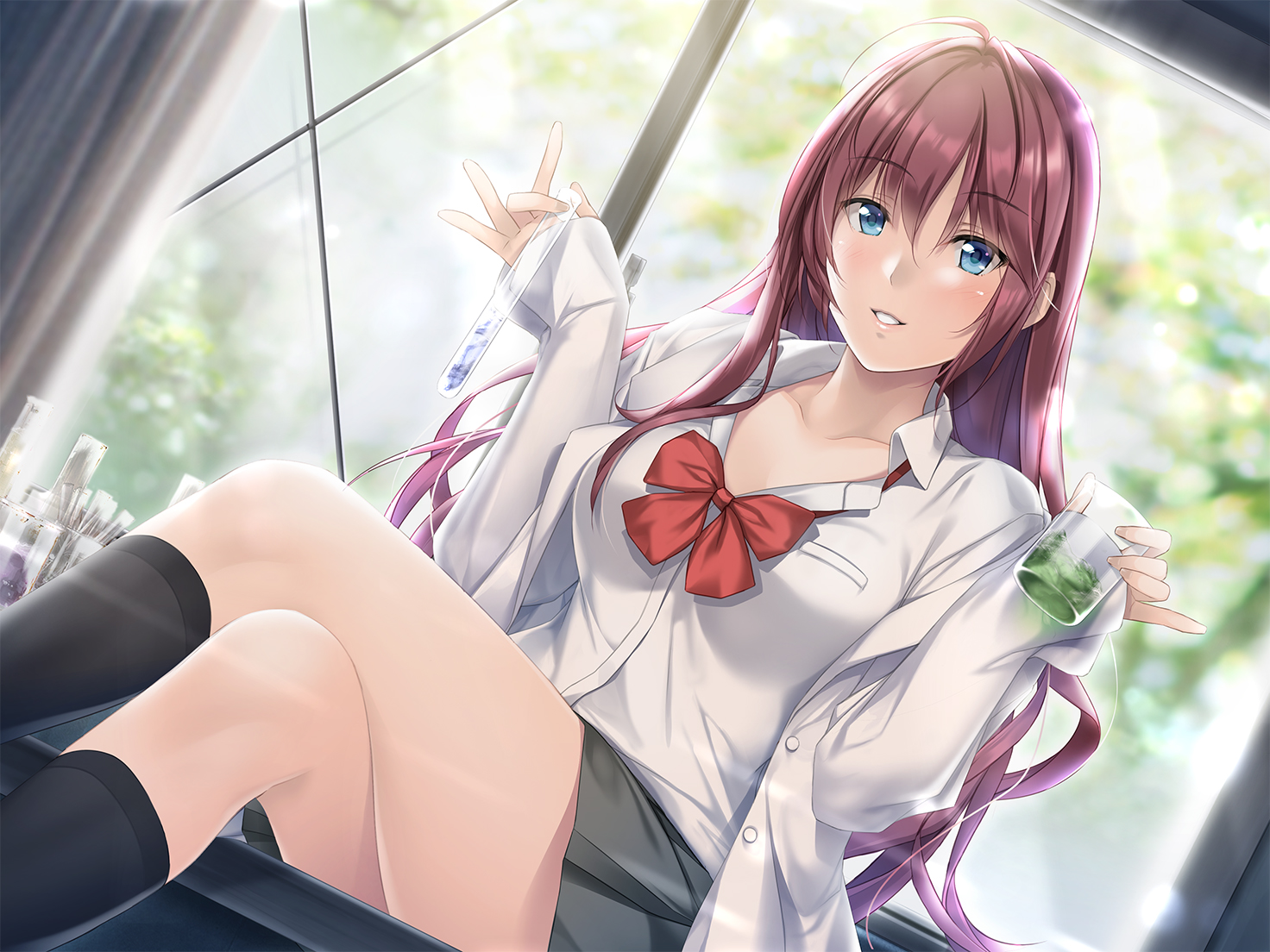 blue_eyes, blush, bow, breasts, brown_hair, ichinose_shiki, idolmaster, idolmaster_cinderella_girls, kneehighs, long_hair, nayuta69, school_uniform, skirt