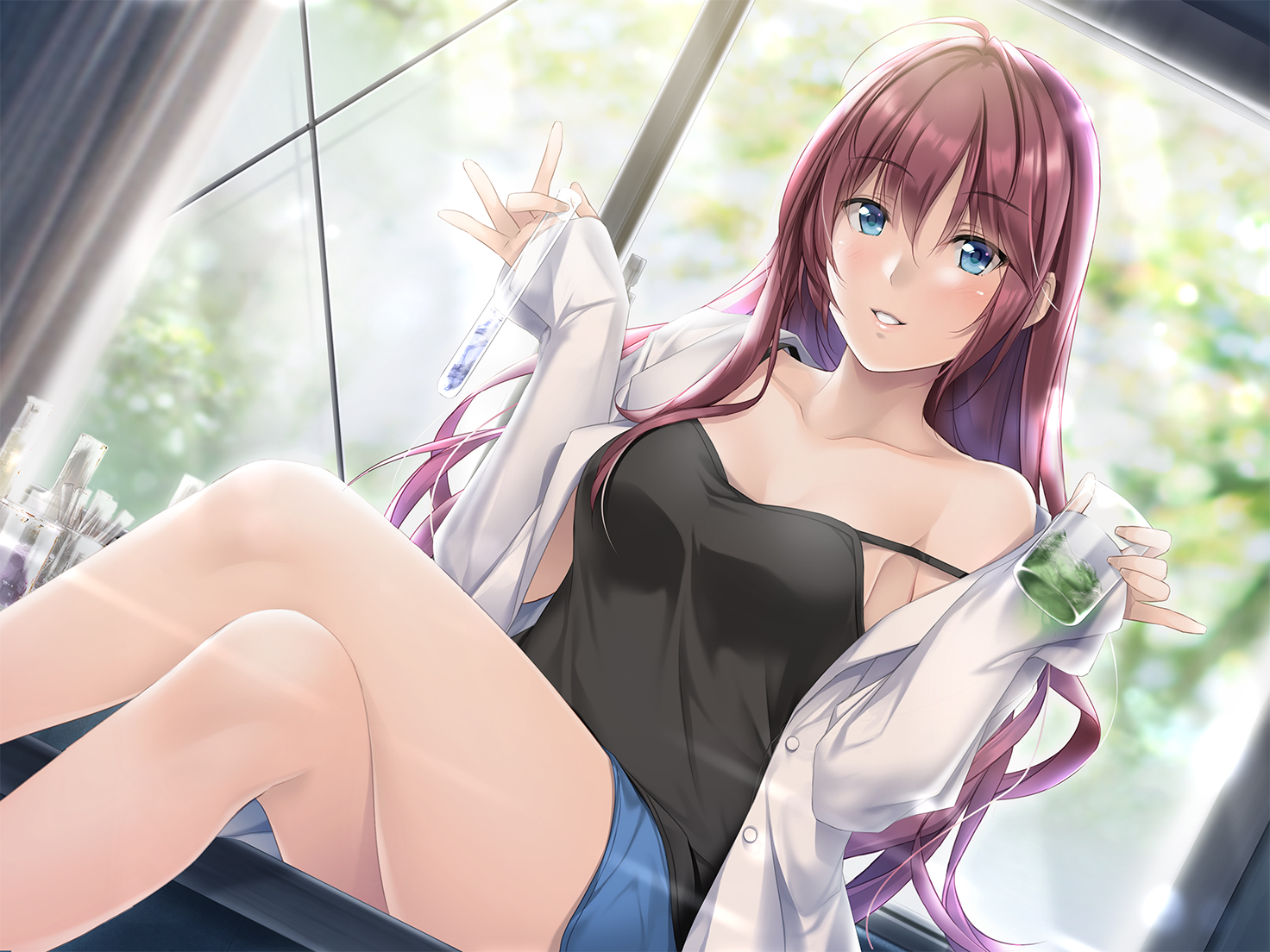 blue_eyes, blush, breasts, brown_hair, ichinose_shiki, idolmaster, idolmaster_cinderella_girls, long_hair, nayuta69, shorts