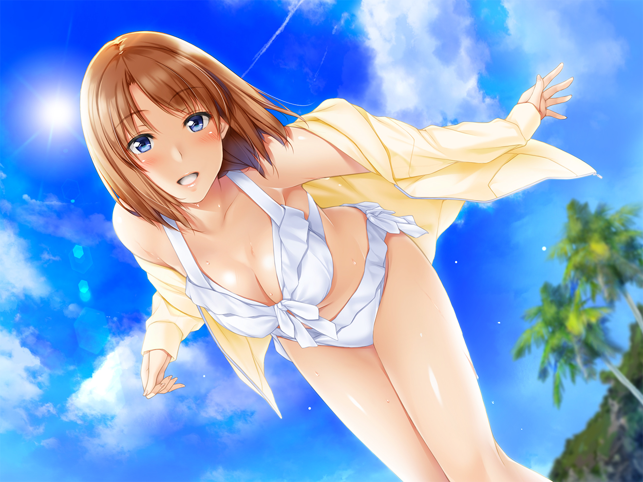 bikini, blush, breasts, brown_hair, cleavage, clouds, nayuta69, original