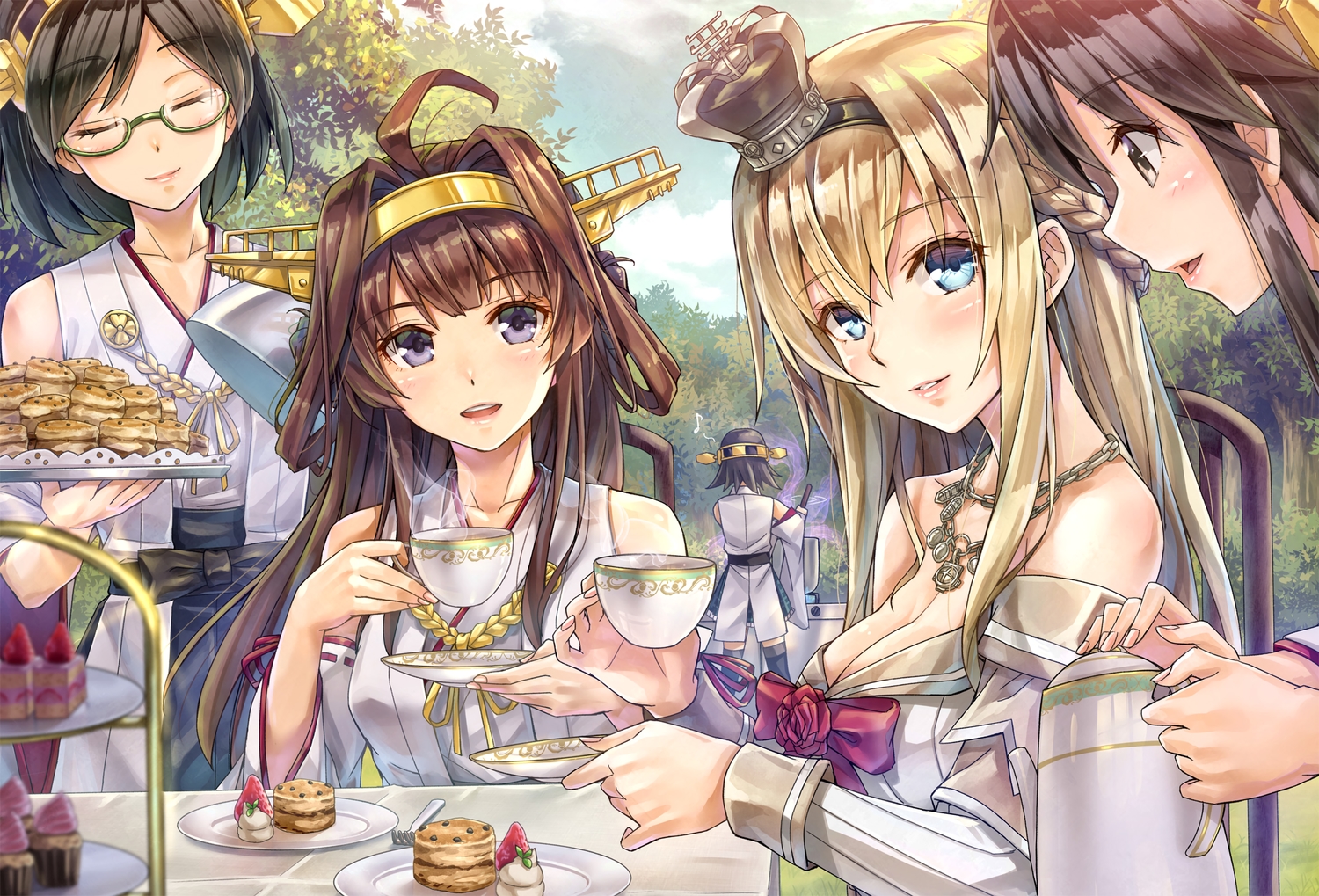 anthropomorphism, aqua_eyes, black_eyes, black_hair, blonde_hair, bow, breasts, brown_hair, cake, cleavage, clouds, drink, food, fruit, glasses, group, haruna_(kancolle), headband, hiei_(kancolle), hms_warspite_(kancolle), japanese_clothes, kantai_collection, kirishima_(kancolle), kongou_(kancolle), kotatsu_(kotatsu358), long_hair, necklace, purple_eyes, ribbons, short_hair, sky, strawberry, tree