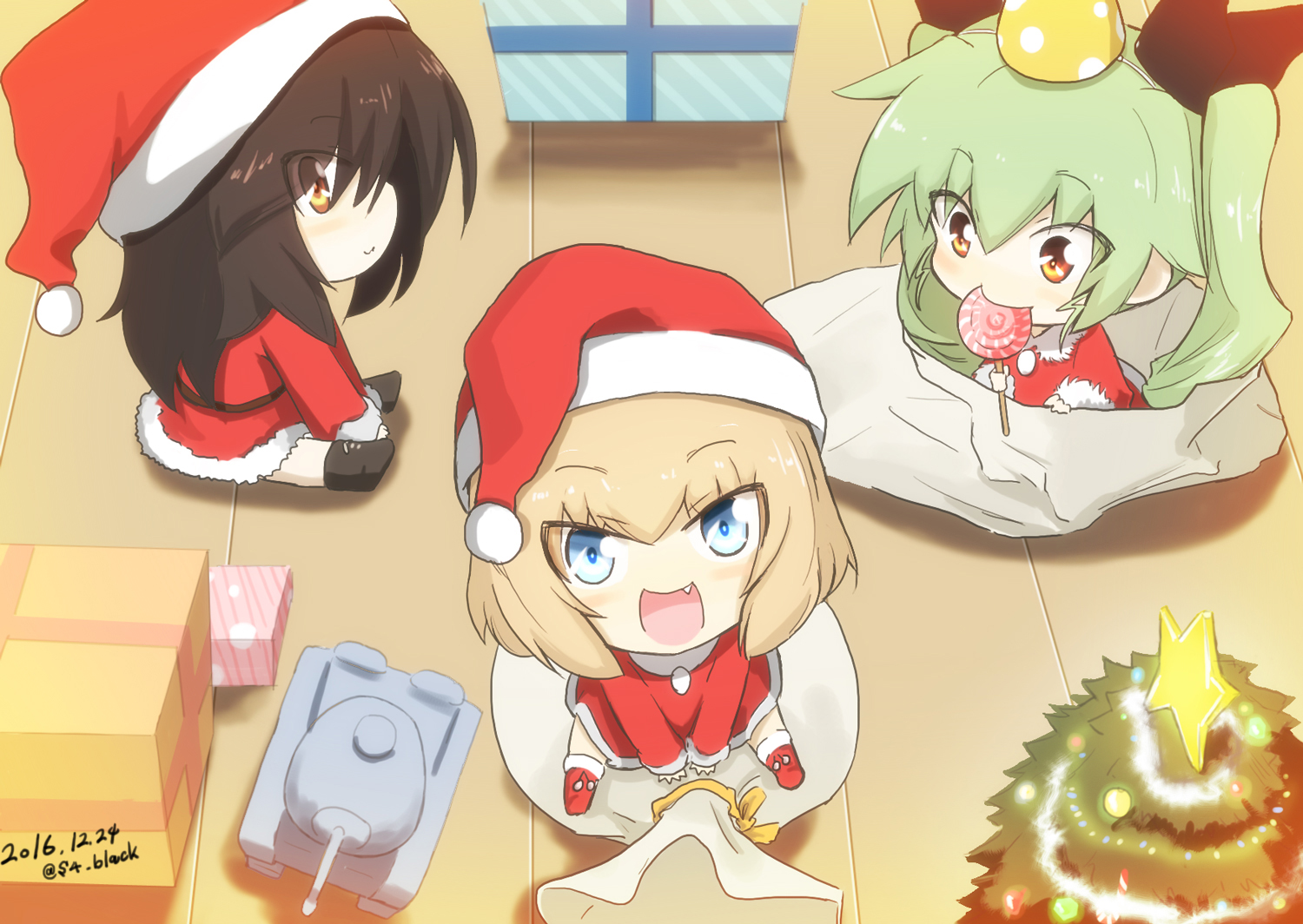 anchovy, aqua_eyes, black_hair, blonde_hair, candy, chibi, christmas, girls_und_panzer