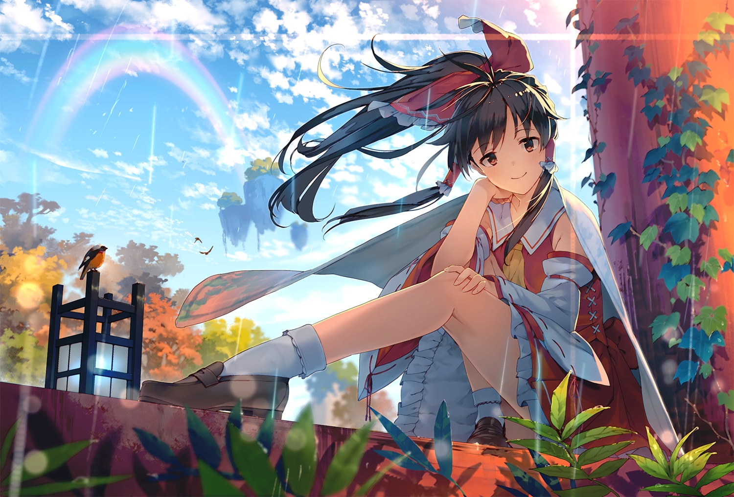 animal, bird, black_hair, brown_eyes, clouds, eho_(icbm), hakurei_reimu, japanese_clothes