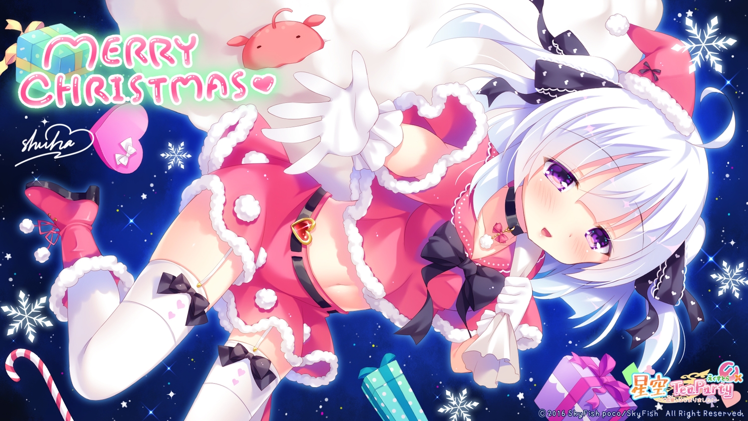 blush, bow, choker, christmas, garter_belt, gloves, hat, hoshizora_tea_party_extra, long_hair, navel, noda_shuha, purple_eyes, ribbons, santa_costume, santa_hat, skirt, skyfish, white_hair, yamane_nemu