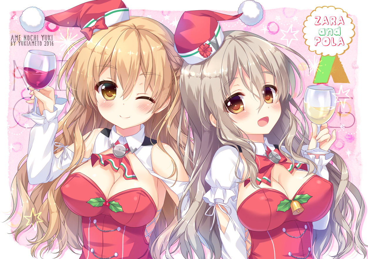 2girls, aliasing, ameto_yuki, anthropomorphism, bell, blonde_hair, blush, bow, breasts, christmas, cleavage, dress, drink, hat, kantai_collection, long_hair, pola_(kancolle), ribbons, santa_costume, santa_hat, watermark, wink, yellow_eyes, zara_(kancolle)