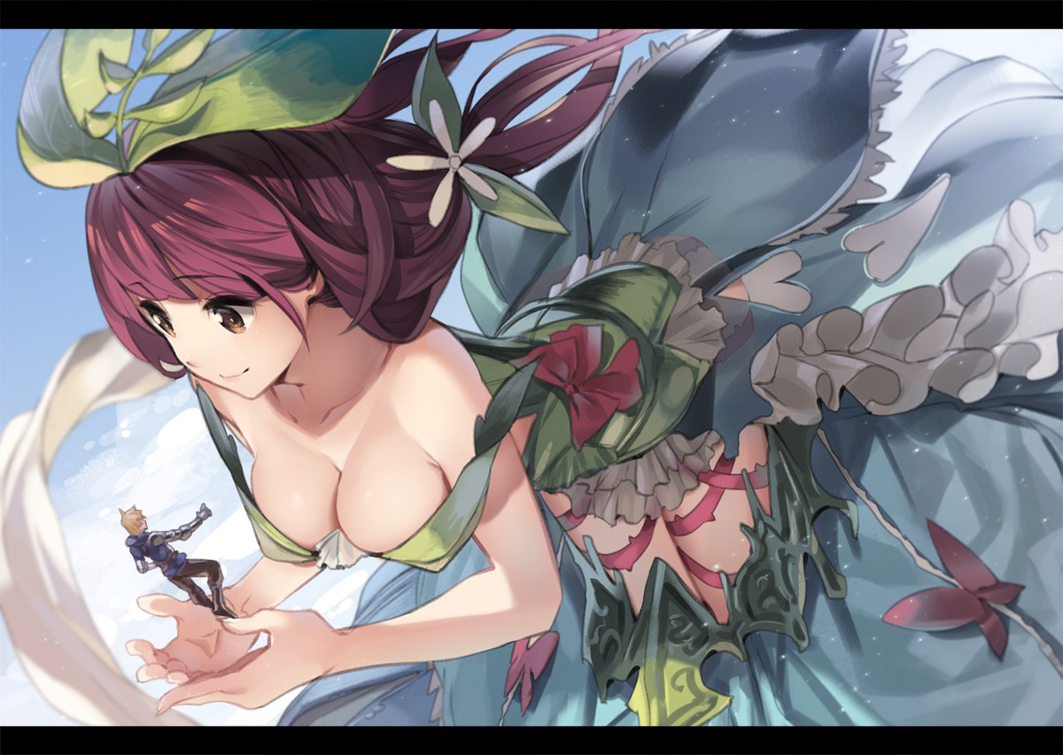 breasts, cleavage, dress, granblue_fantasy, gran_(granblue_fantasy), male, orange_eyes, pink_hair