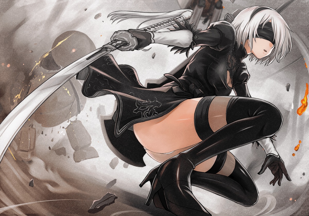 blindfold, dress, headband, nier, nier:_automata, panties, pod_(nier:_automata), short_hair