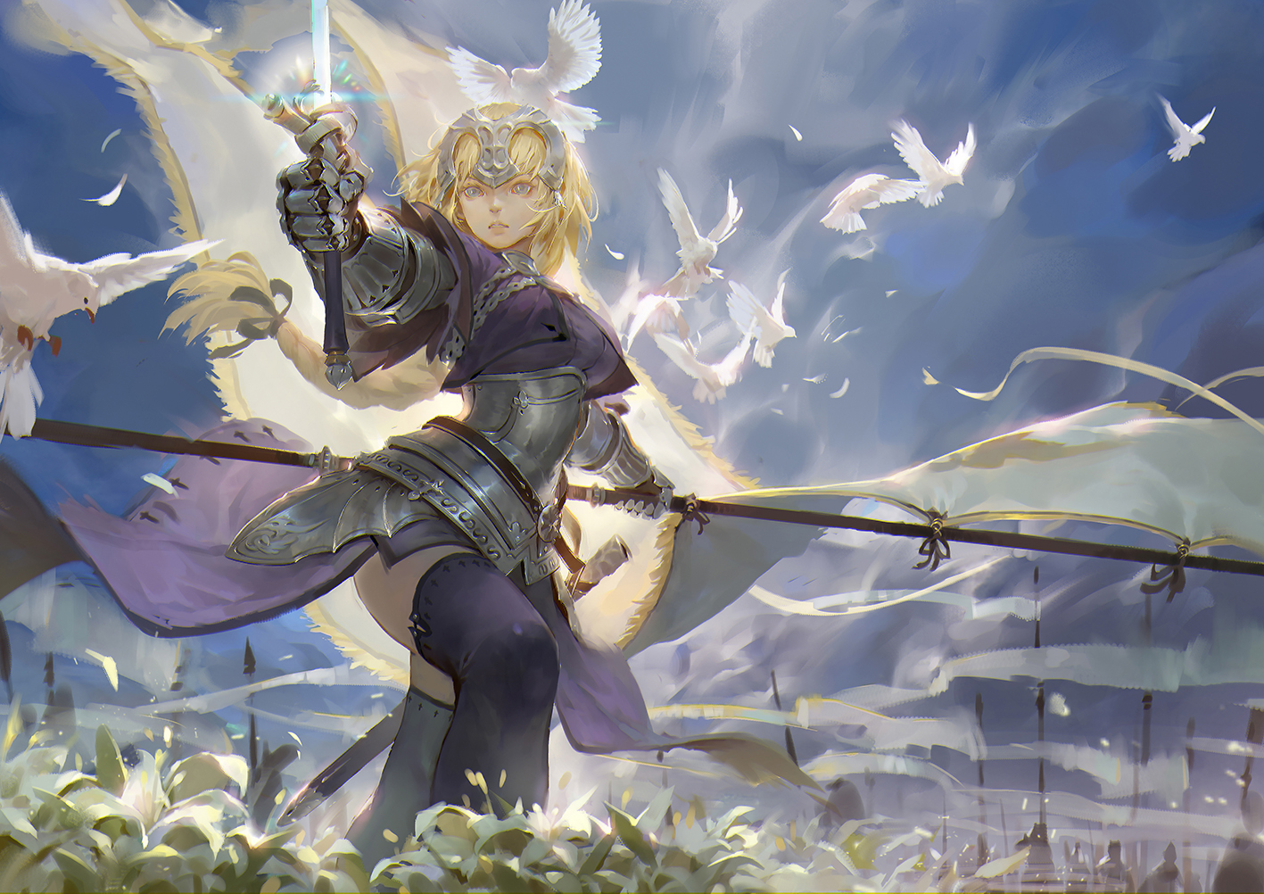 animal, armor, bird, blonde_hair, fate/apocrypha, fate_(series), gloves, jeanne_d'arc_(fate)