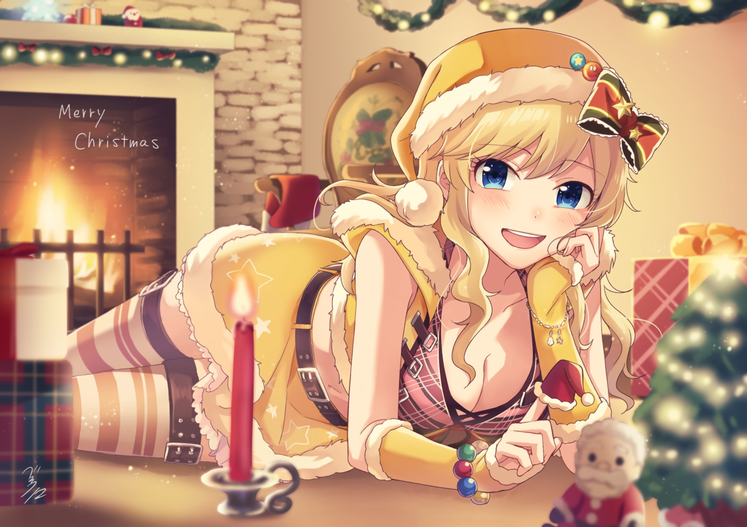 bekkourico, blonde_hair, blue_eyes, blush, bow, breasts, christmas, cleavage, fire, hat, idolmaster, idolmaster_cinderella_girls, long_hair, navel, ootsuki_yui, santa_costume, santa_hat, signed, skirt, thighhighs, tree, waifu2x