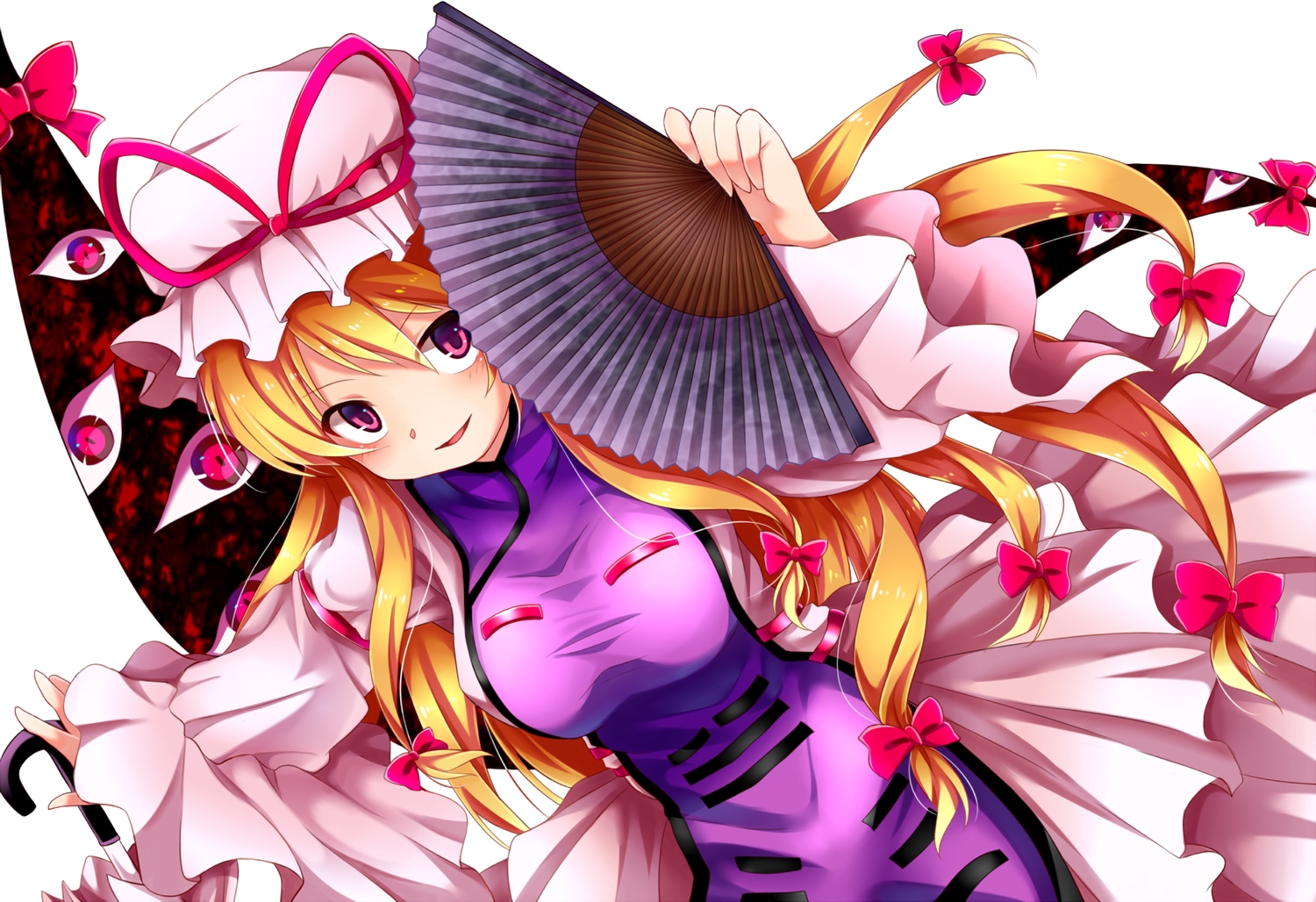 blonde_hair, blush, bow, breasts, chikuwa_savi, fan, hat, japanese_clothes