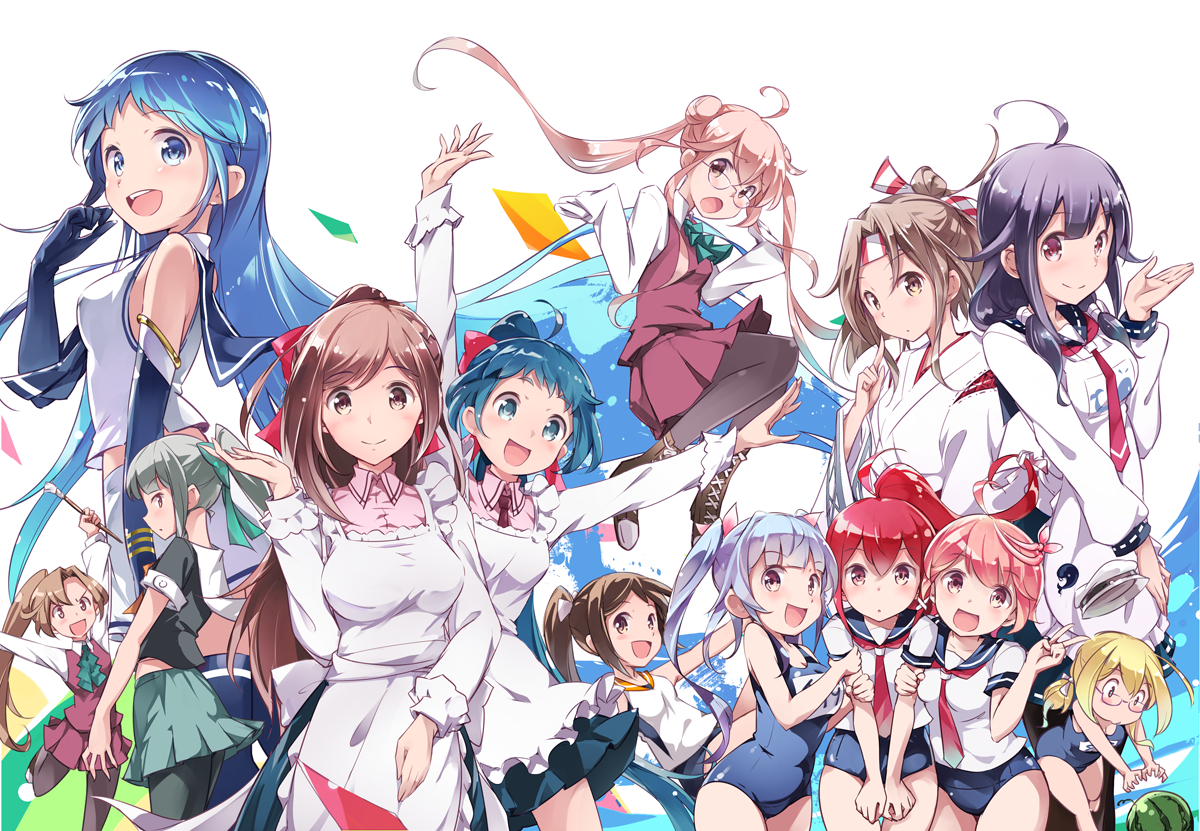 akigumo_(kancolle), anthropomorphism, apron, aqua_eyes, aqua_hair, blonde_hair, blue_eyes, blue_hair