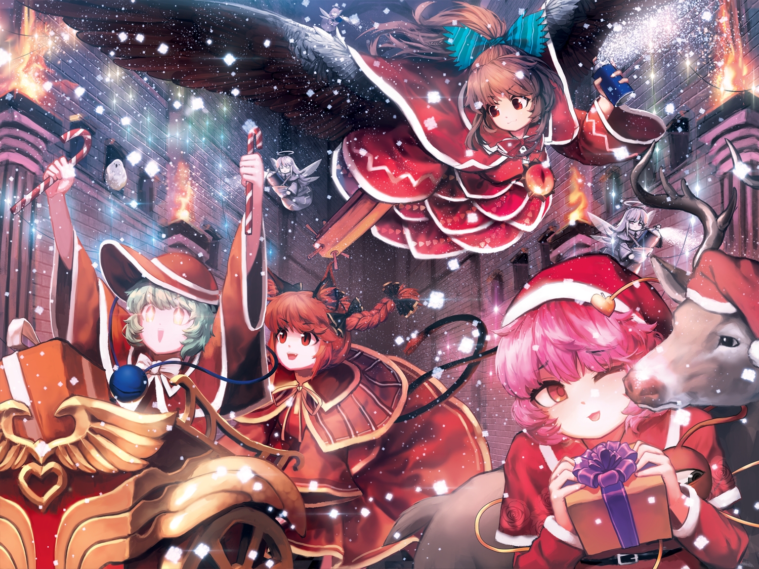 animal, animal_ears, bird, bow, braids, brown_hair, candy, catgirl, christmas, dress, fang, fire, green_hair, group, halo, hat, hijiwryyyyy, kaenbyou_rin, komeiji_koishi, komeiji_satori, long_hair, necklace, orange_eyes, pink_hair, ponytail, red_eyes, red_hair, reindeer, reiuji_utsuho, santa_costume, santa_hat, short_hair, snow, tail, touhou, wings, wink, zombie_fairy