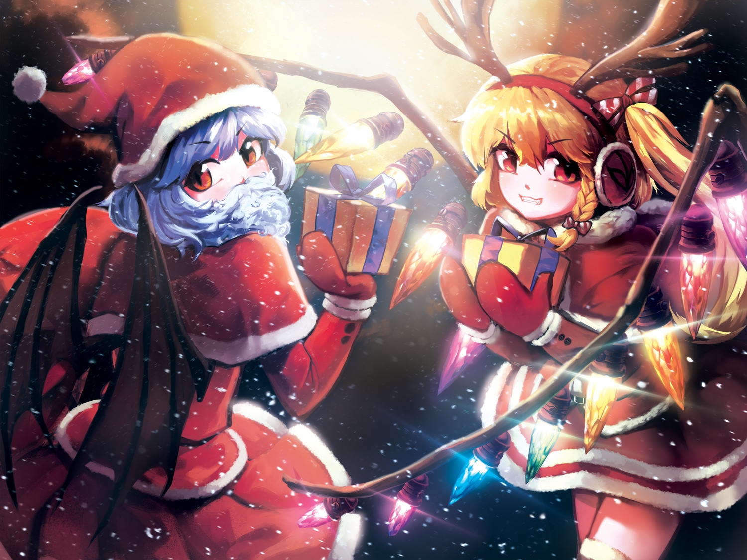 2girls, blonde_hair, blue_hair, bow, braids, christmas, earmuffs, fang, flandre_scarlet, gloves, hat, headband, hijiwryyyyy, horns, long_hair, orange_eyes, ponytail, red_eyes, remilia_scarlet, santa_costume, santa_hat, short_hair, snow, touhou, vampire, wings