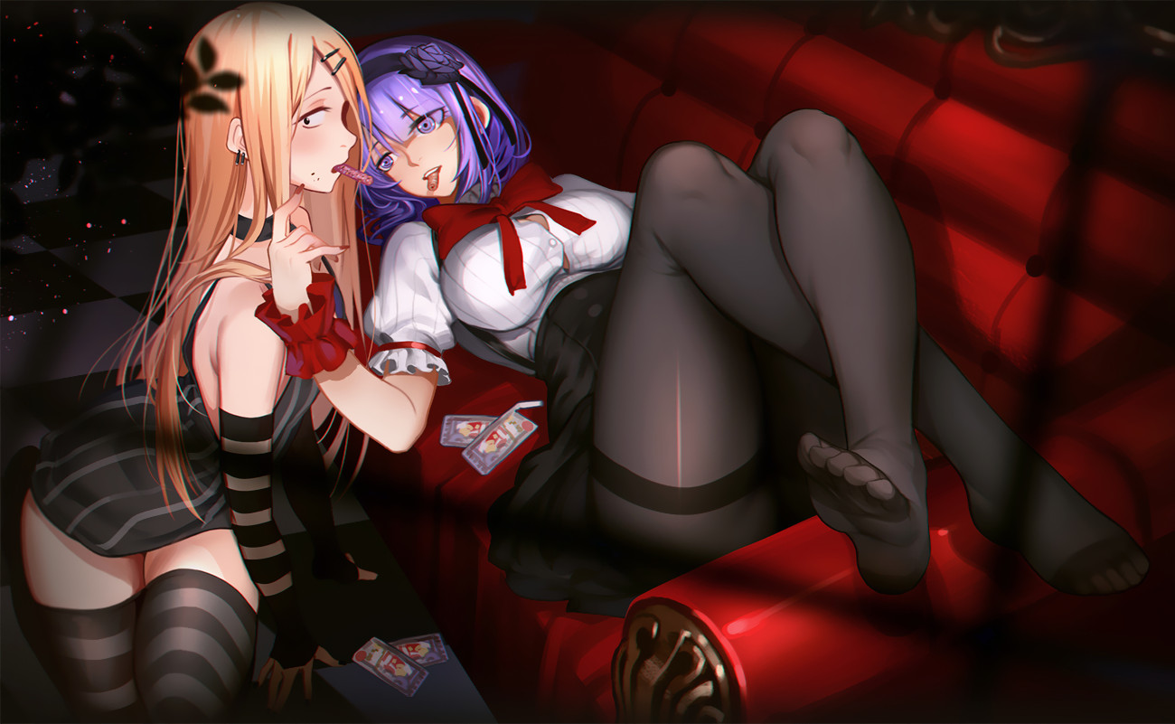 2girls, black_eyes, blonde_hair, bow, breasts, cleavage, couch, dagashi_kashi, dress, endou_saya_(dagashi_kashi), food, headband, jpeg_artifacts, long_hair, pantyhose, purple_eyes, purple_hair, shidare_hotaru, short_hair, thighhighs, wristwear, xiaoshou_xiansheng, zettai_ryouiki