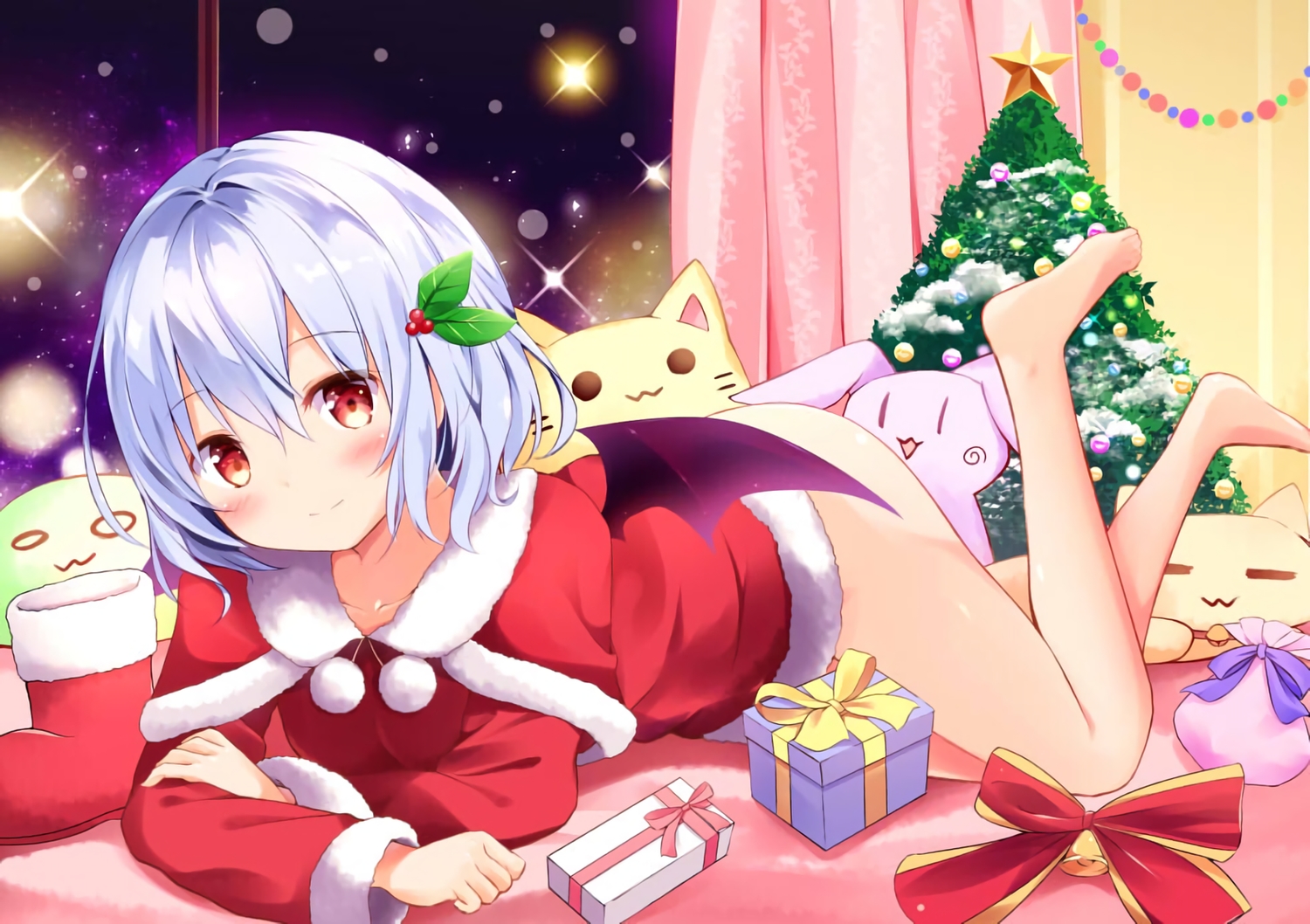 barefoot, cat_smile, christmas, hyurasan, naked_shirt, remilia_scarlet, santa_costume, touhou, vampire, waifu2x, wings