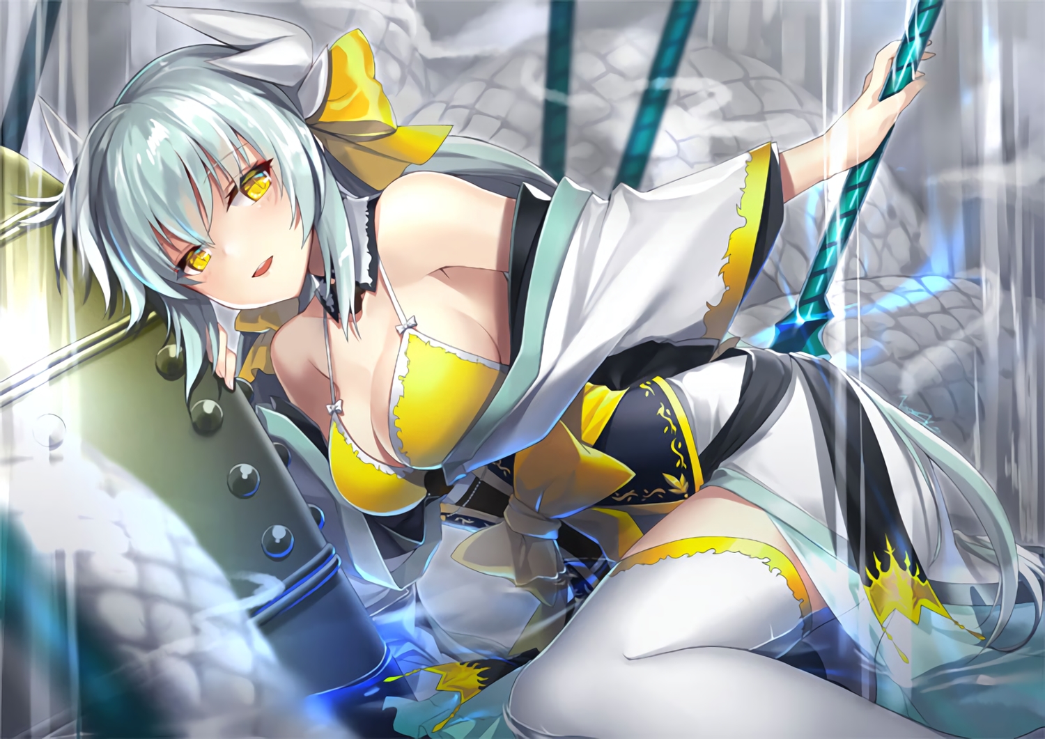 bikini_top, bow, collar, fate/grand_order, fate_(series), horns, japanese_clothes, kiyohime_(fate/grand_order), long_hair, ponytail, sakuyosi, sword, thighhighs, waifu2x, water, weapon, yellow_eyes, yukata