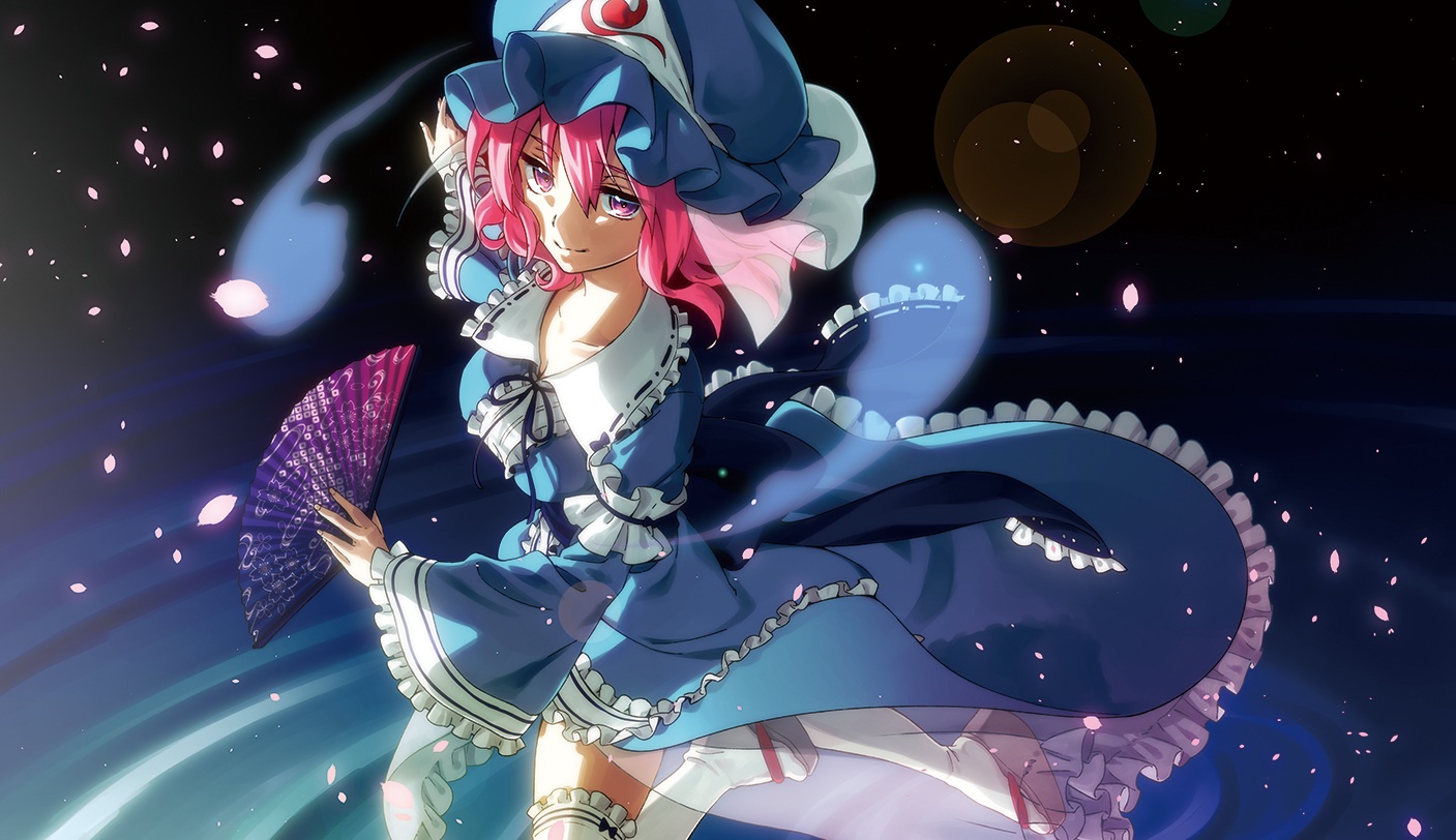 futoumeido, hat, japanese_clothes, petals, pink_eyes, pink_hair, ribbons, saigyouji_yuyuko