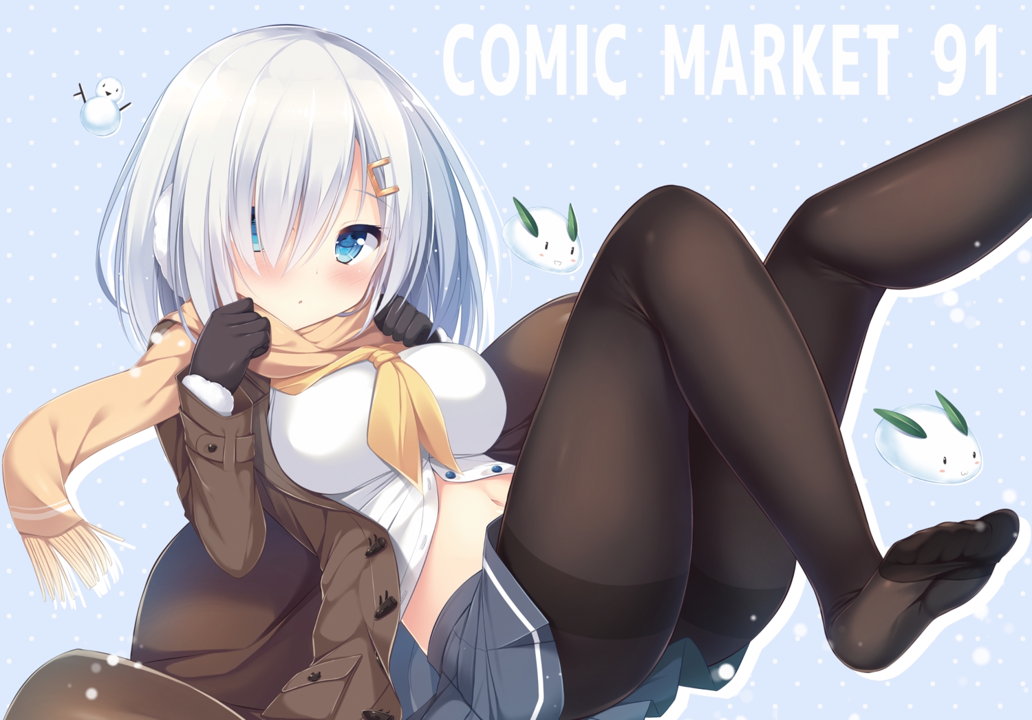 anthropomorphism, aqua_eyes, blush, breasts, gloves, hamakaze_(kancolle), kantai_collection, navel, pantyhose, scarf, short_hair, skirt, tomoo_(tomo), white_hair