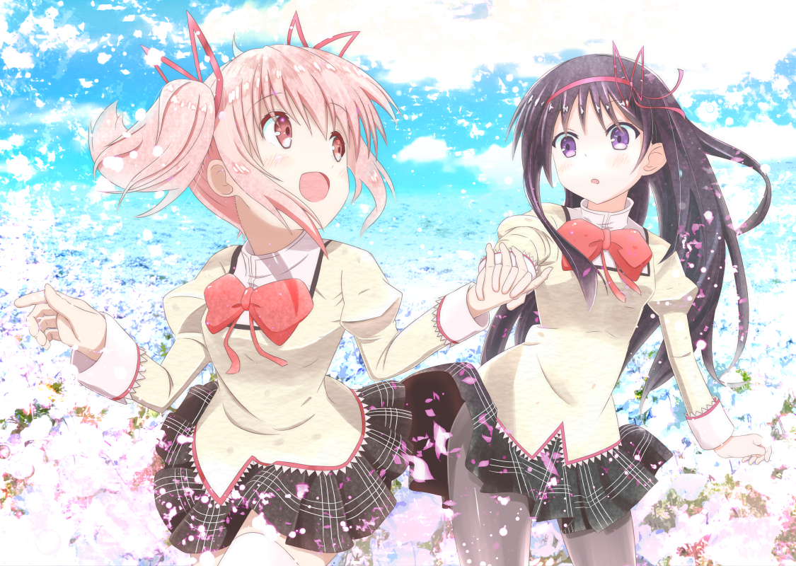 2girls, akemi_homura, aliasing, black_hair, blush, bow, glasses, kaname_madoka, long_hair, mahou_shoujo_madoka_magica, pantyhose, pink_eyes, pink_hair, purple_eyes, ribbons, school_uniform, short_hair, skirt, thighhighs, tooo88