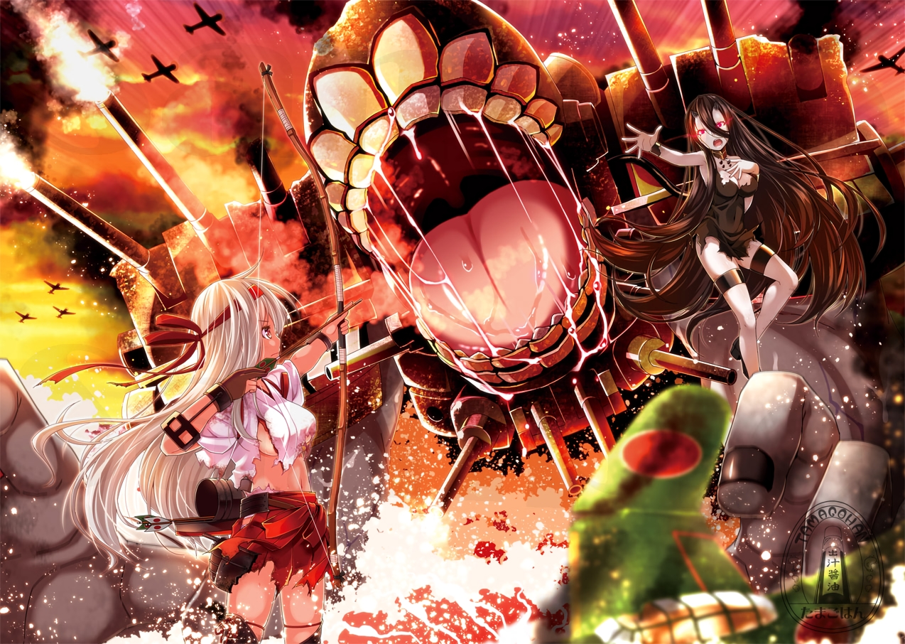 2girls, 5han, aircraft, anthropomorphism, battleship_hime, black_hair, bow_(weapon), breasts, dress, gloves, gray_hair, horns, japanese_clothes, kantai_collection, long_hair, navel, red_eyes, ribbons, shoukaku_(kancolle), skirt, thighhighs, torn_clothes, water, weapon