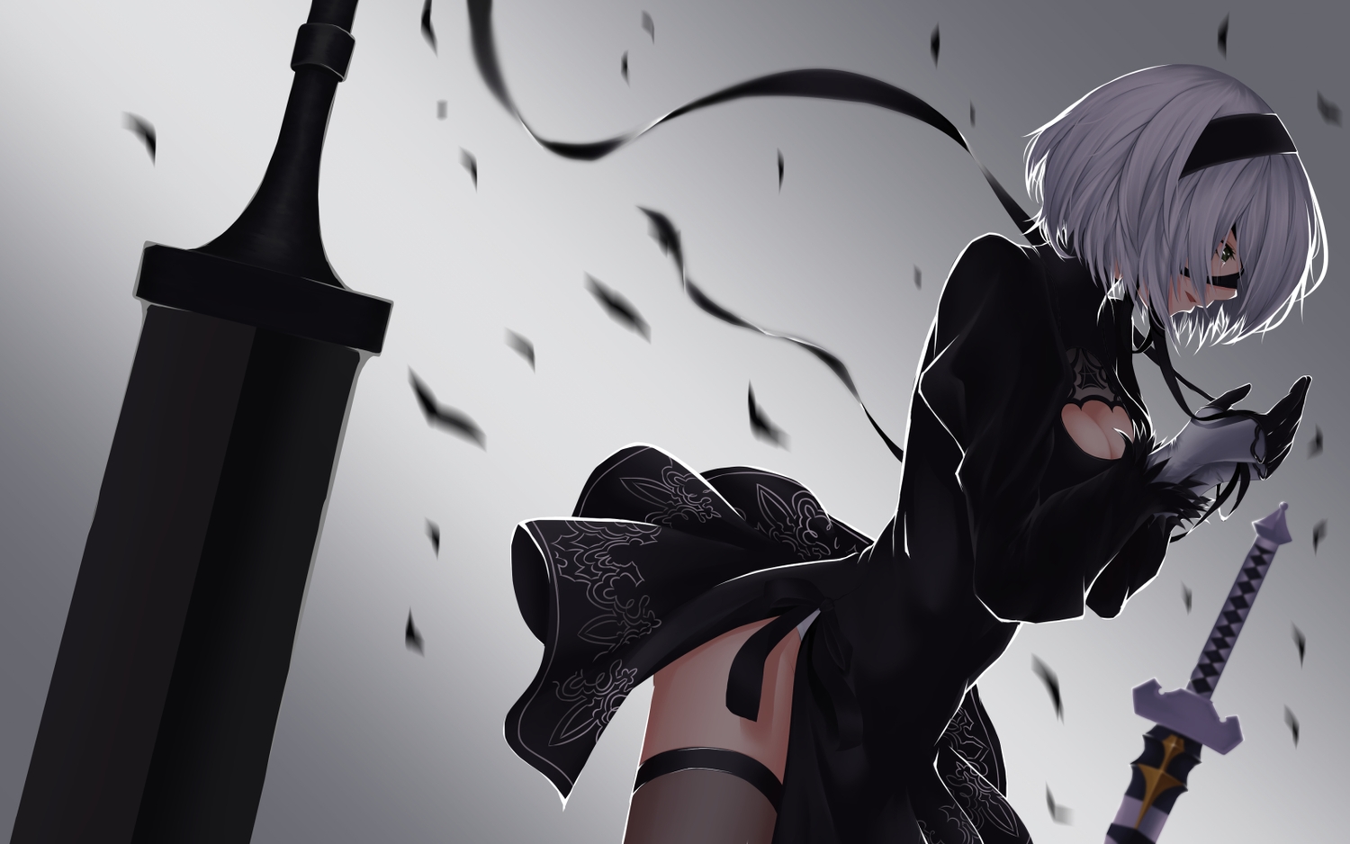 black_eyes, dress, headband, nier, nier:_automata, panties, ribbons, scal2let, short_hair, sword, tears, thighhighs, underwear, weapon, white_hair, yorha_unit_no._2_type_b