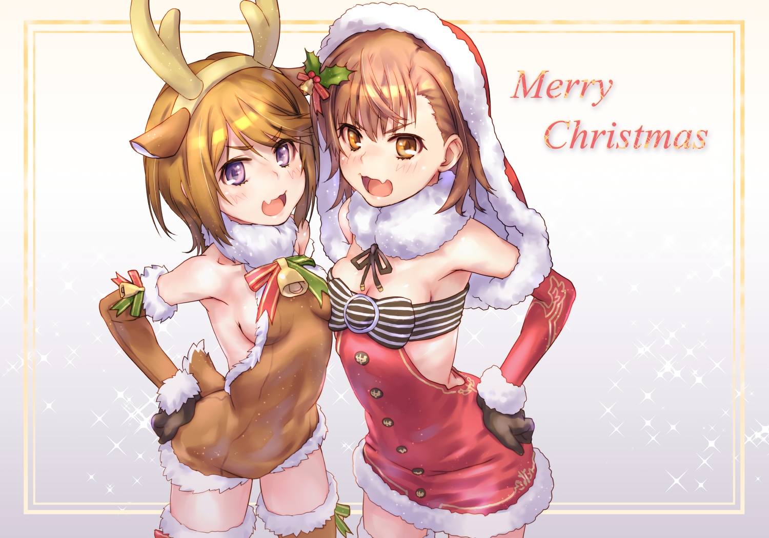 2girls, animal_ears, bell, breasts, brown_eyes, brown_hair, christmas, dress