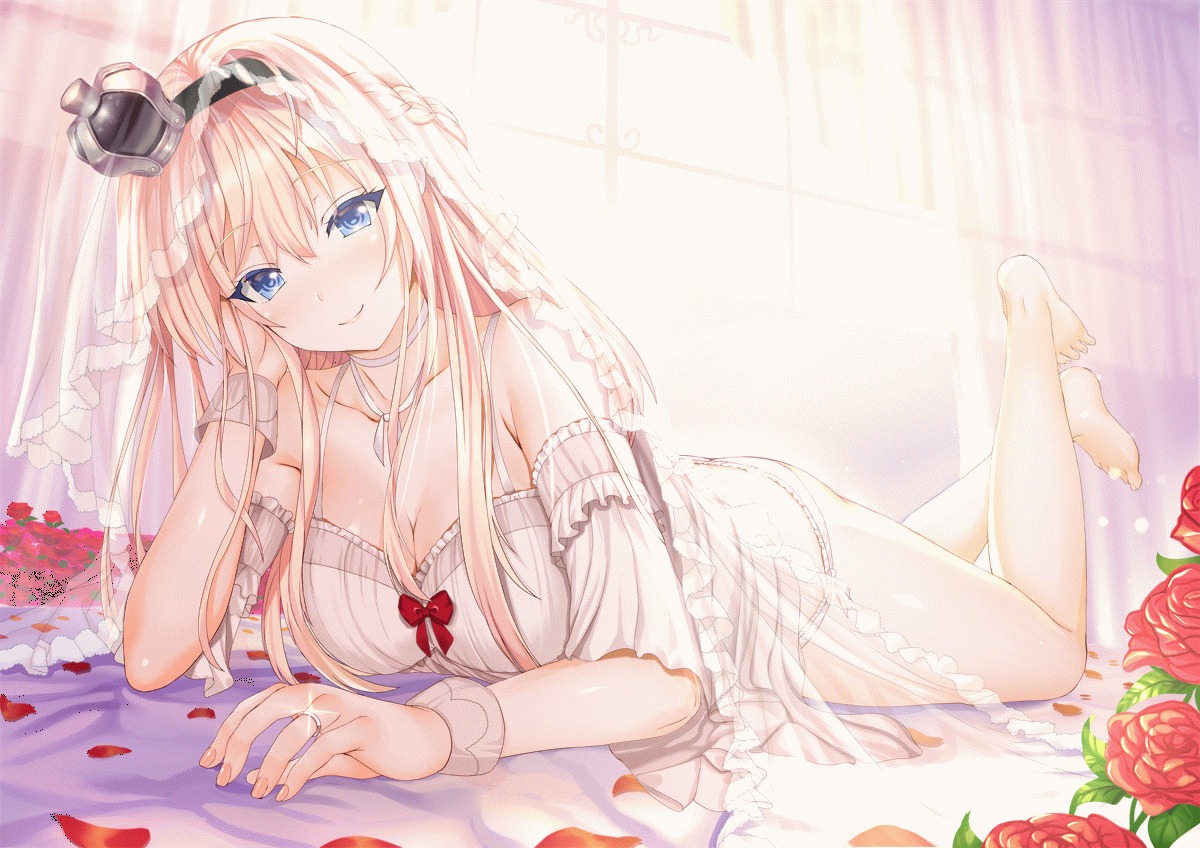 aldehyde, animated, anthropomorphism, barefoot, bed, blonde_hair, blue_eyes, blush, bra, braids, breasts, cleavage, flowers, hat, headdress, hms_warspite_(kancolle), kantai_collection, long_hair, panties, petals, underwear, wristwear