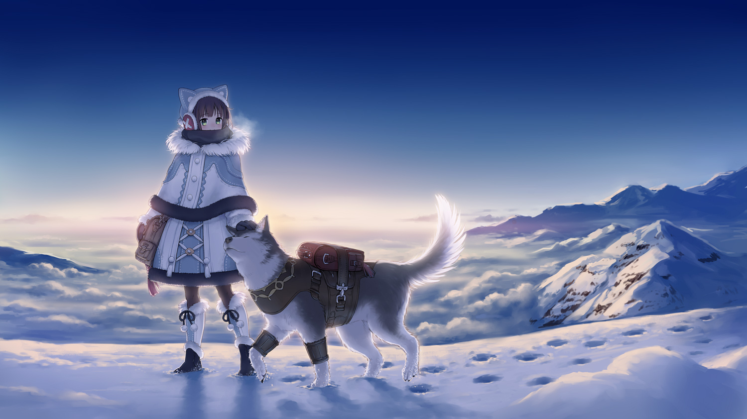 animal, animal_ears, brown_hair, clouds, dog, dress, earmuffs, gloves