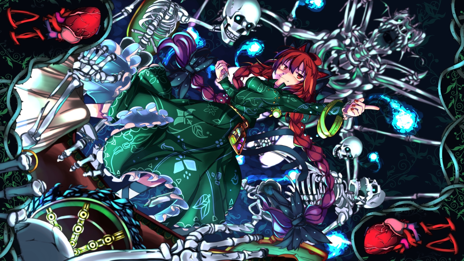 animal_ears, braids, catgirl, dress, furorina, kaenbyou_rin, long_hair, red_eyes, red_hair, skull, tail, touhou, twintails