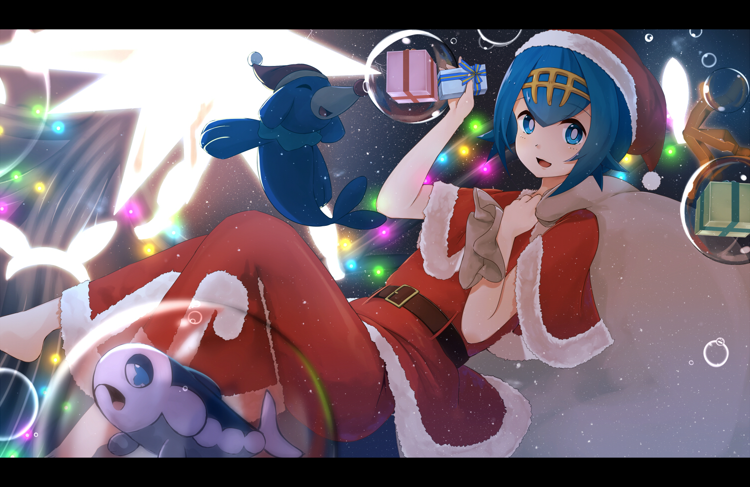 barefoot, blue_eyes, blue_hair, bubbles, christmas, dress, hat, pokemon