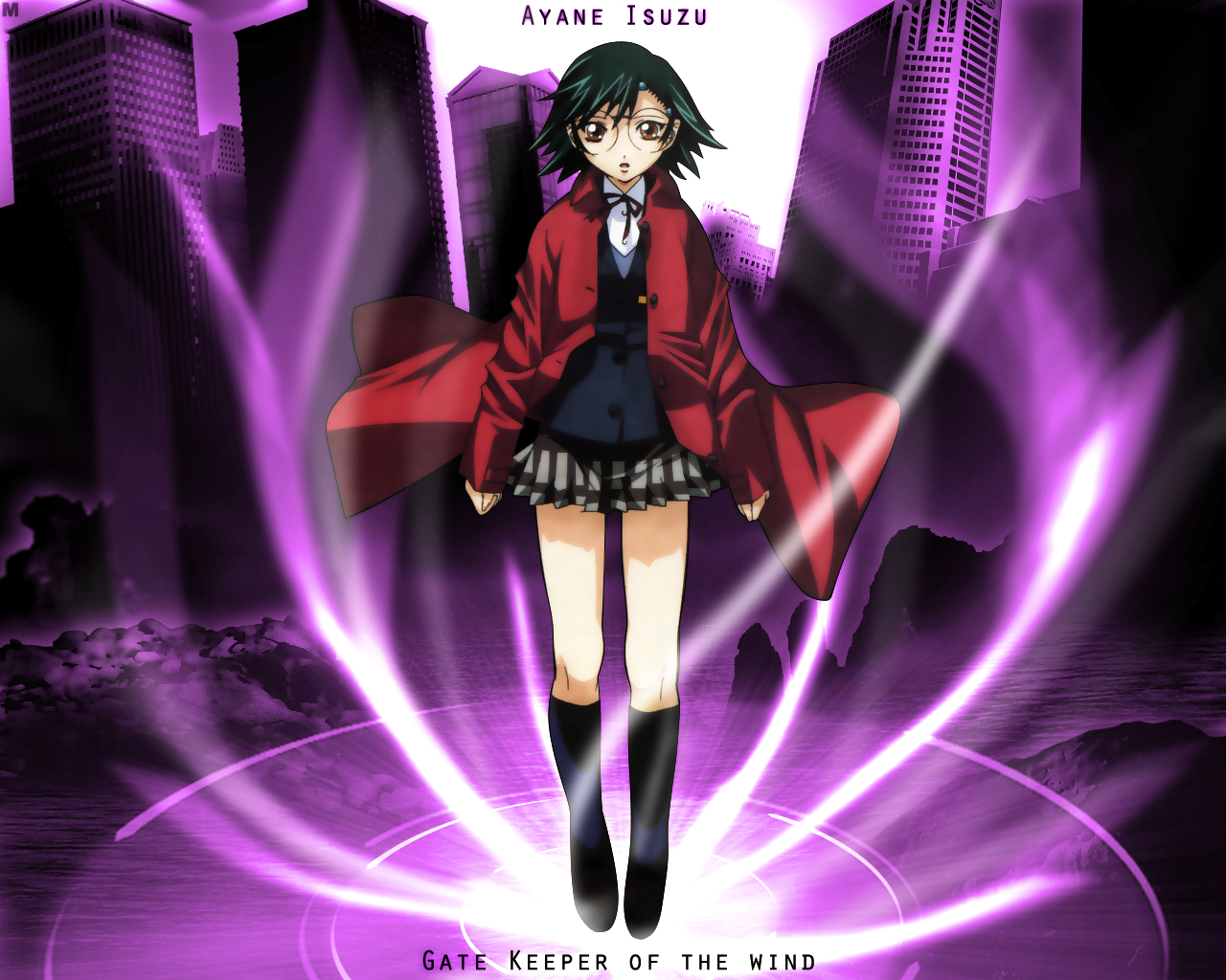 brown_eyes, gatekeepers_21, glasses, green_hair, isuzu_ayane, kneehighs, short_hair, skirt, water