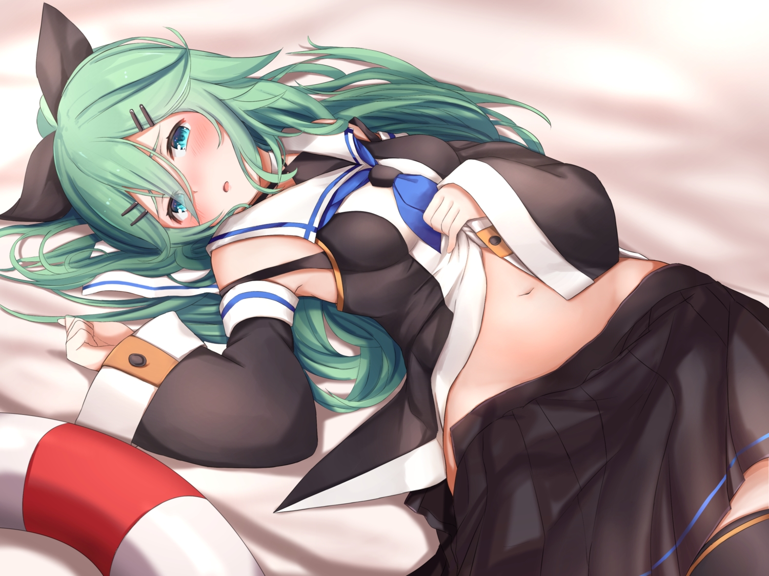 anthropomorphism, aqua_eyes, blush, green_hair, kantai_collection, long_hair, maosame, navel