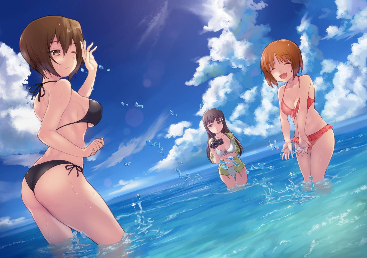 ass, beach, bikini, black_hair, breasts, brown_hair, camera, cleavage, clouds, girls_und_panzer, long_hair, nishizumi_maho, nishizumi_miho, nishizumi_shiho, short_hair, swimsuit, water, wink, yamaori_(yamaorimon)